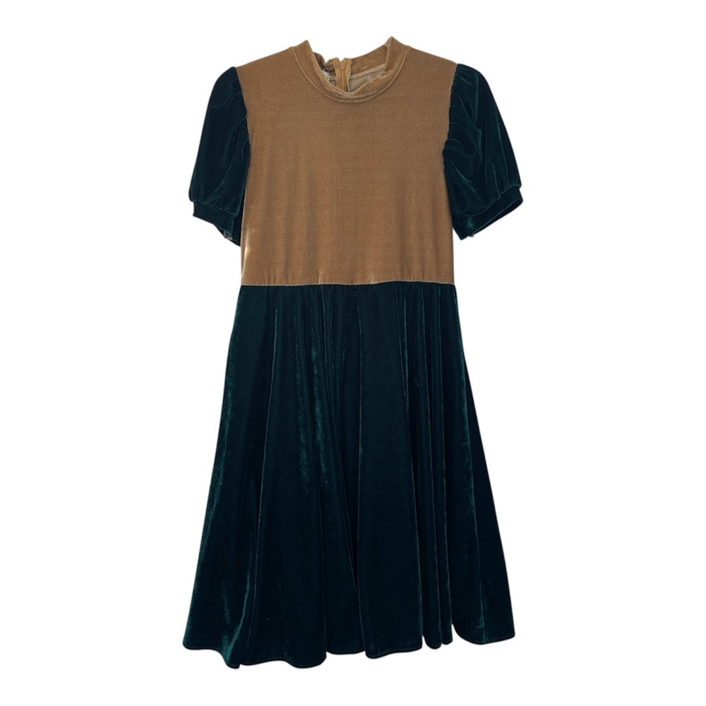 Trish Scully Child Green Gold Velvet Colorblock Puff Sleeve Dress Tulle 14 NWT